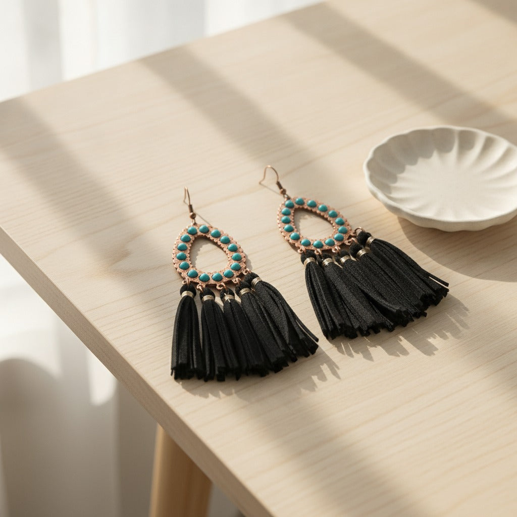 Turquoise Stone Tassel Drop Earrings - Black