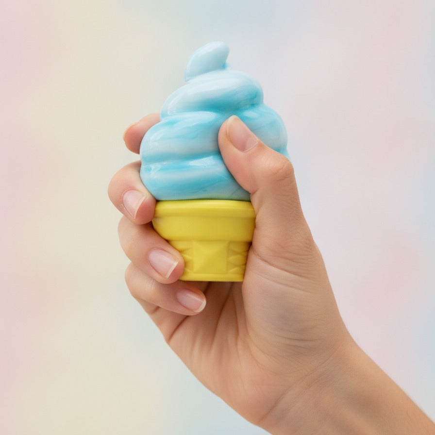 Blue Swirl Soft Serve Ice Cream Cone Figurine - squeeze in hand