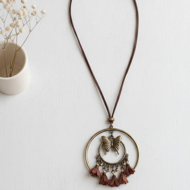 Butterfly Oval Pendant Necklace - Antique Bronze