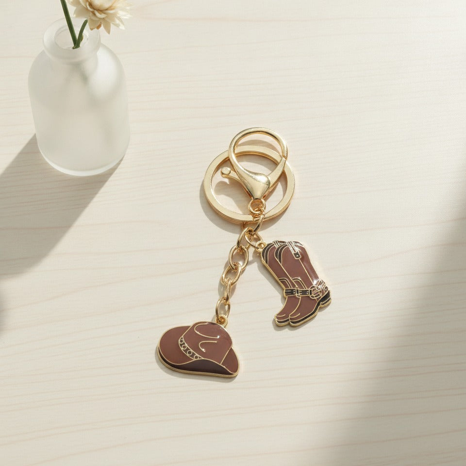 Western Charm Keychain Set - Cowboy Hat, Brown