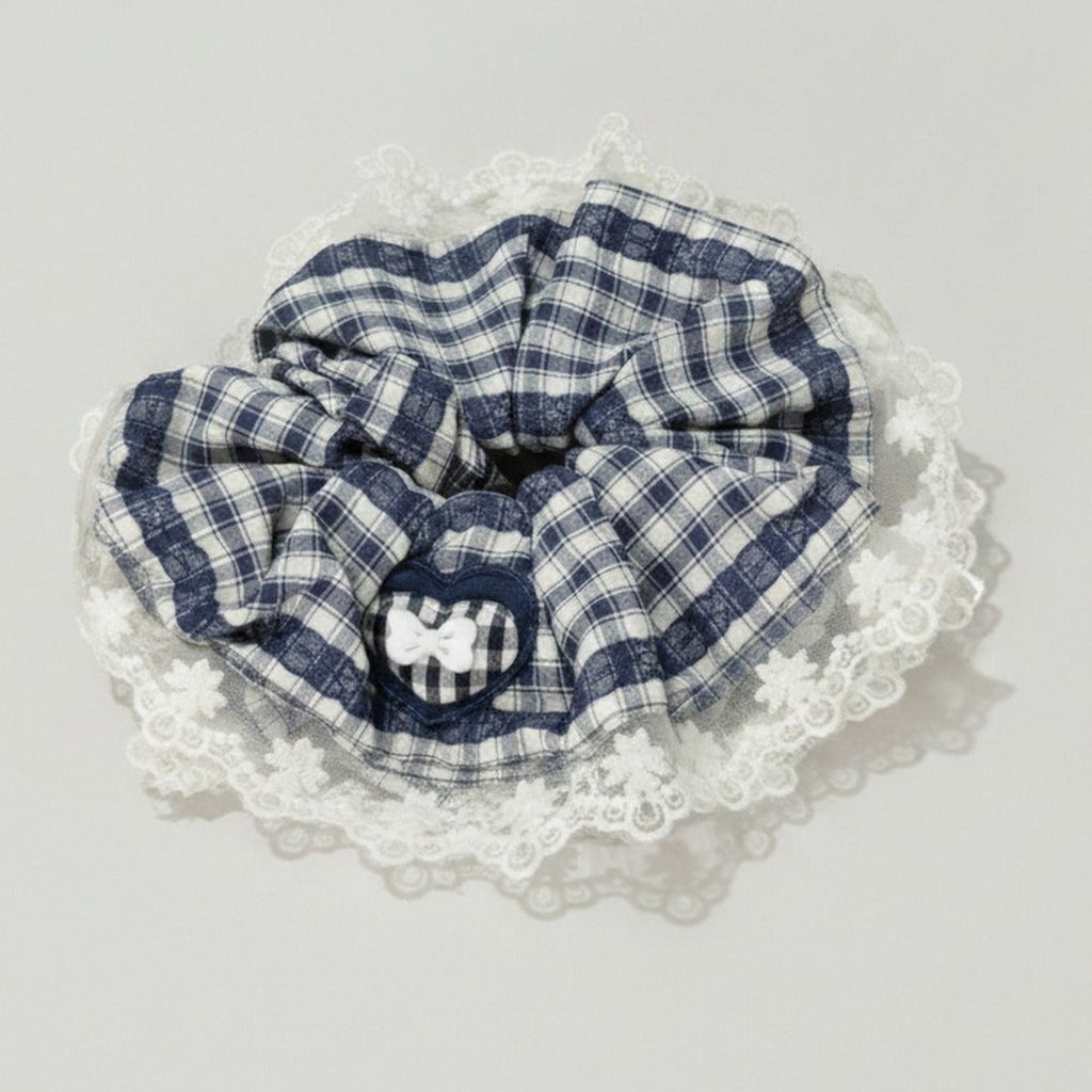 Plaid Scrunchie With Cream Lace Trim – hair accessories (view 1)