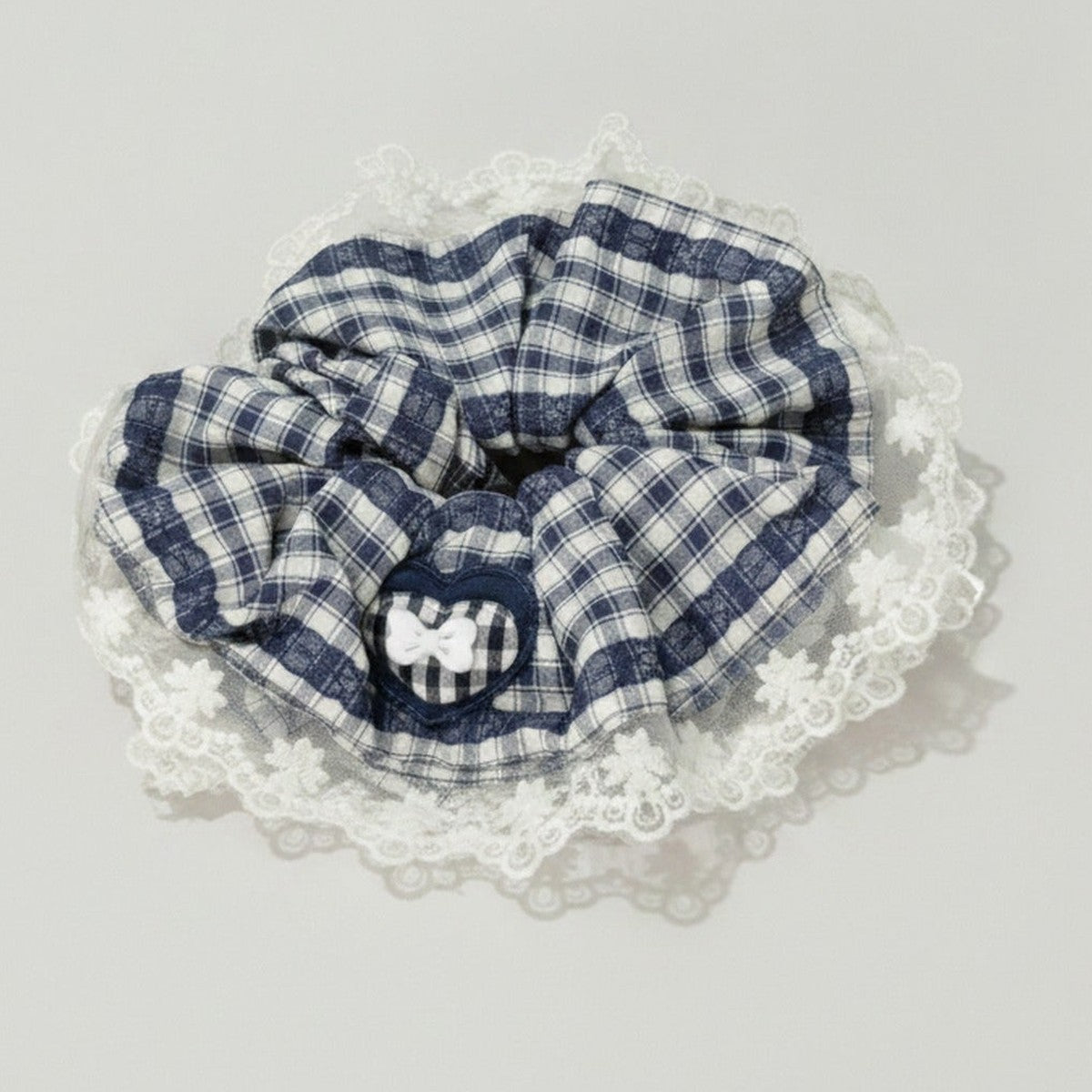 Plaid Scrunchie With Cream Lace Trim – hair accessories (view 1)