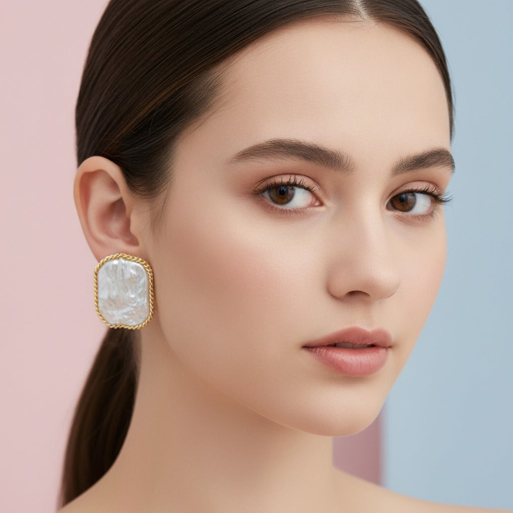Pearl Twisted Frame Stud Earring - Type 4