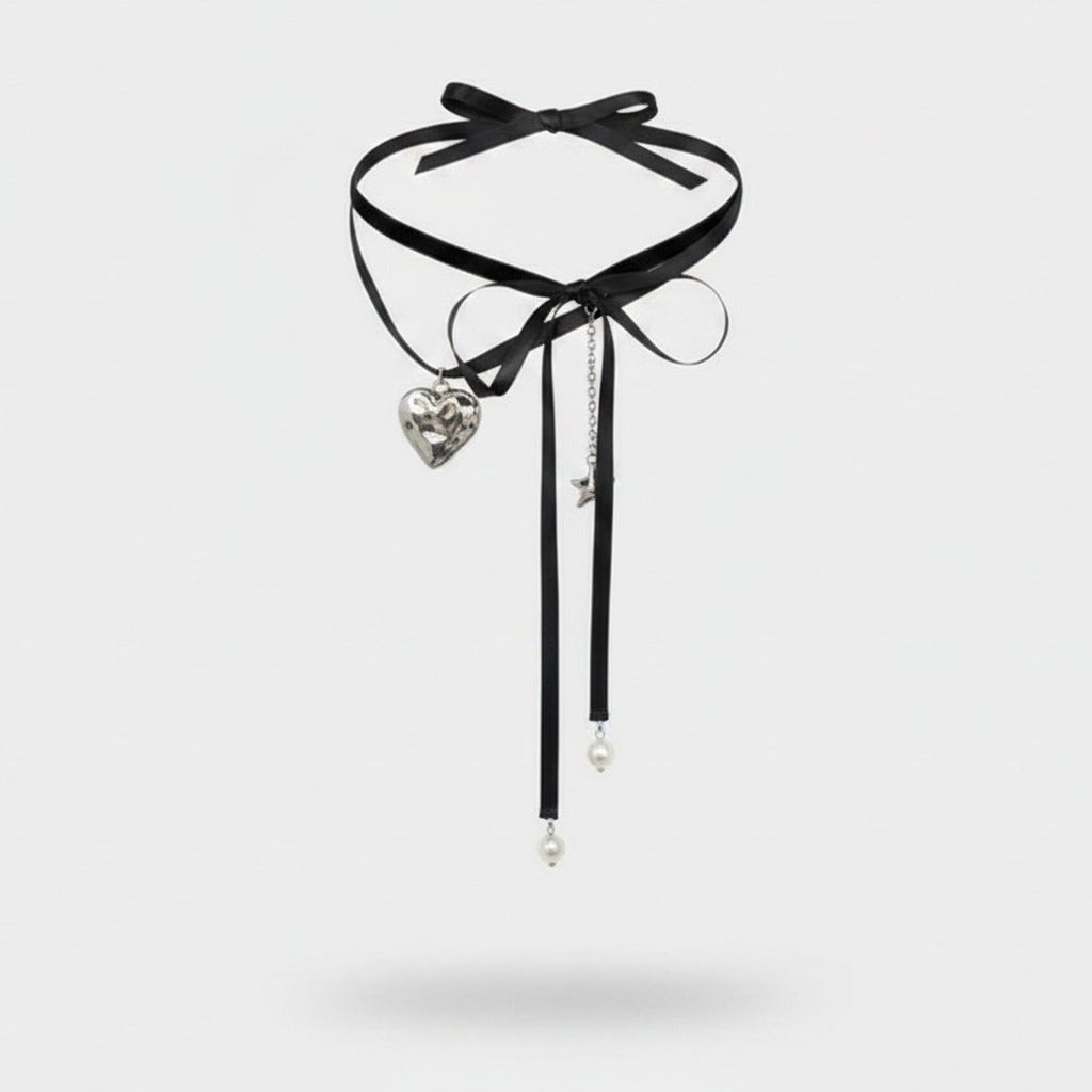 Black Ribbon Heart Charm Pearl Choker – jewelry (view 1)