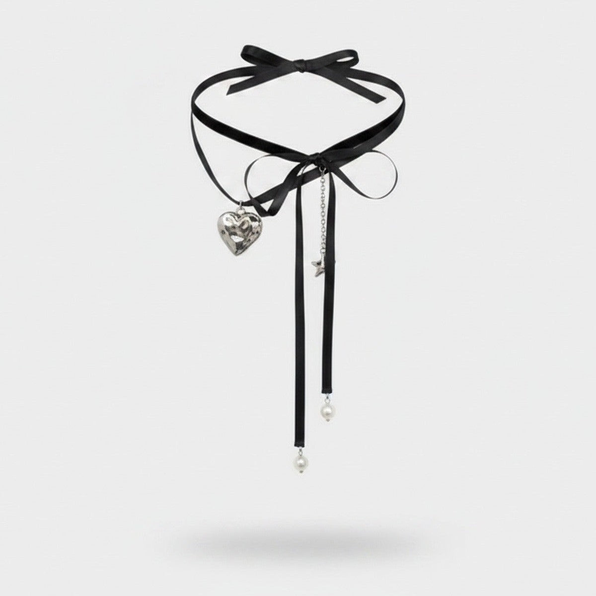 Black Ribbon Heart Charm Pearl Choker – jewelry (view 1)