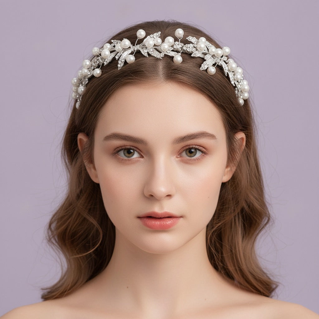 Pearl Leaf Statement Headband - Silver & Pearl