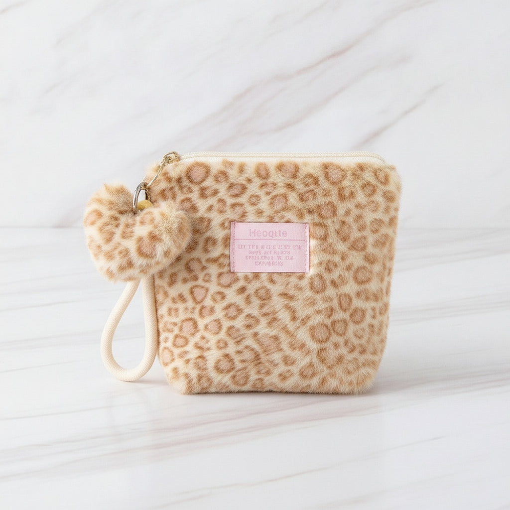 Fuzzy Leopard Zip Pouch - Yellow
