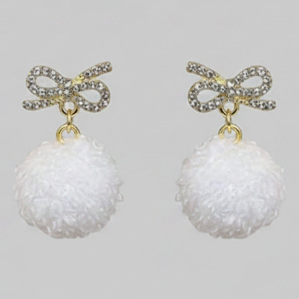 White Pom Pom Bow Rhinestone Drop Earrings – jewelry (view 1)