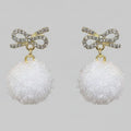 White Pom Pom Bow Rhinestone Drop Earrings – jewelry (view 1)