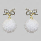 White Pom Pom Bow Rhinestone Drop Earrings – jewelry (view 1)