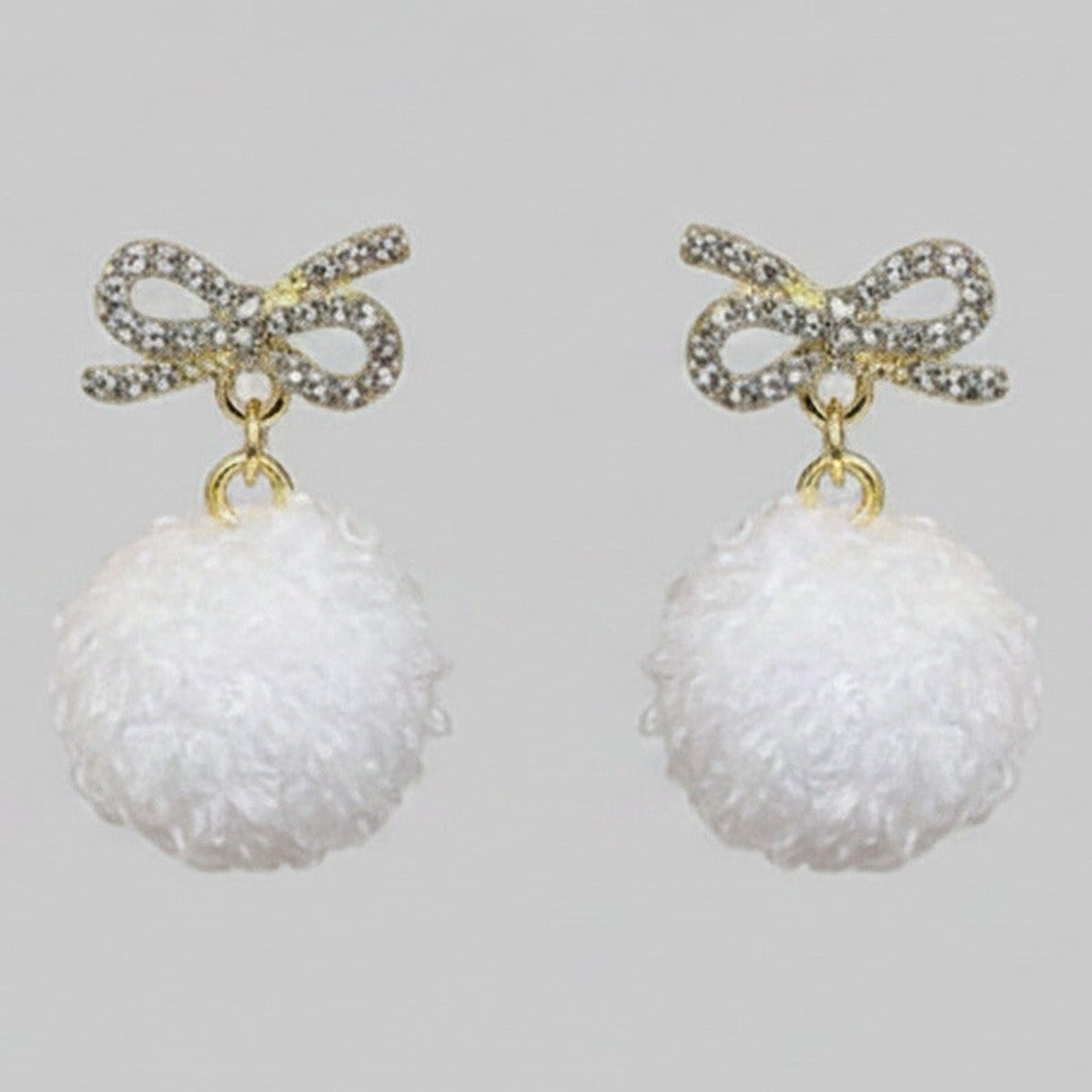 White Pom Pom Bow Rhinestone Drop Earrings – jewelry (view 1)