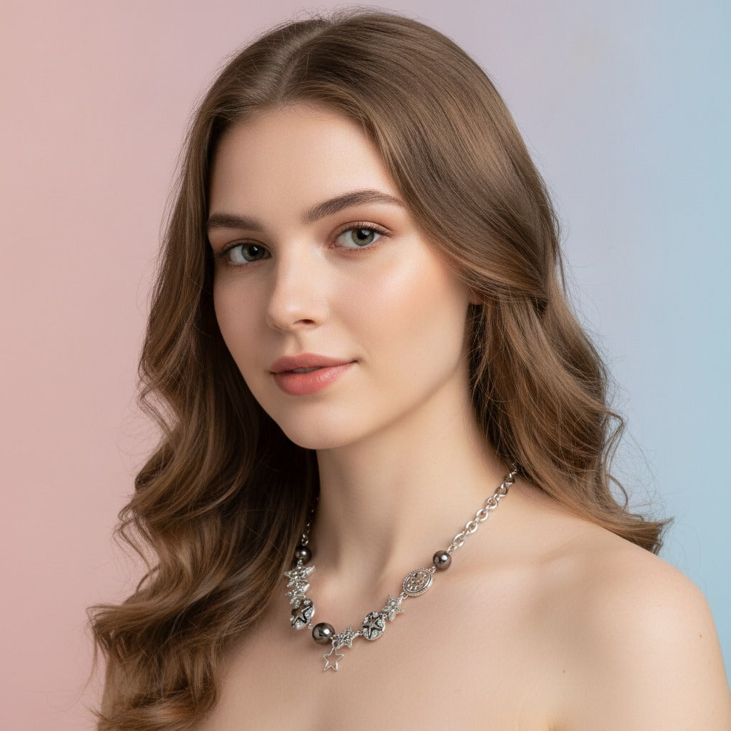 Celestial Star & Charm Necklace - Silver