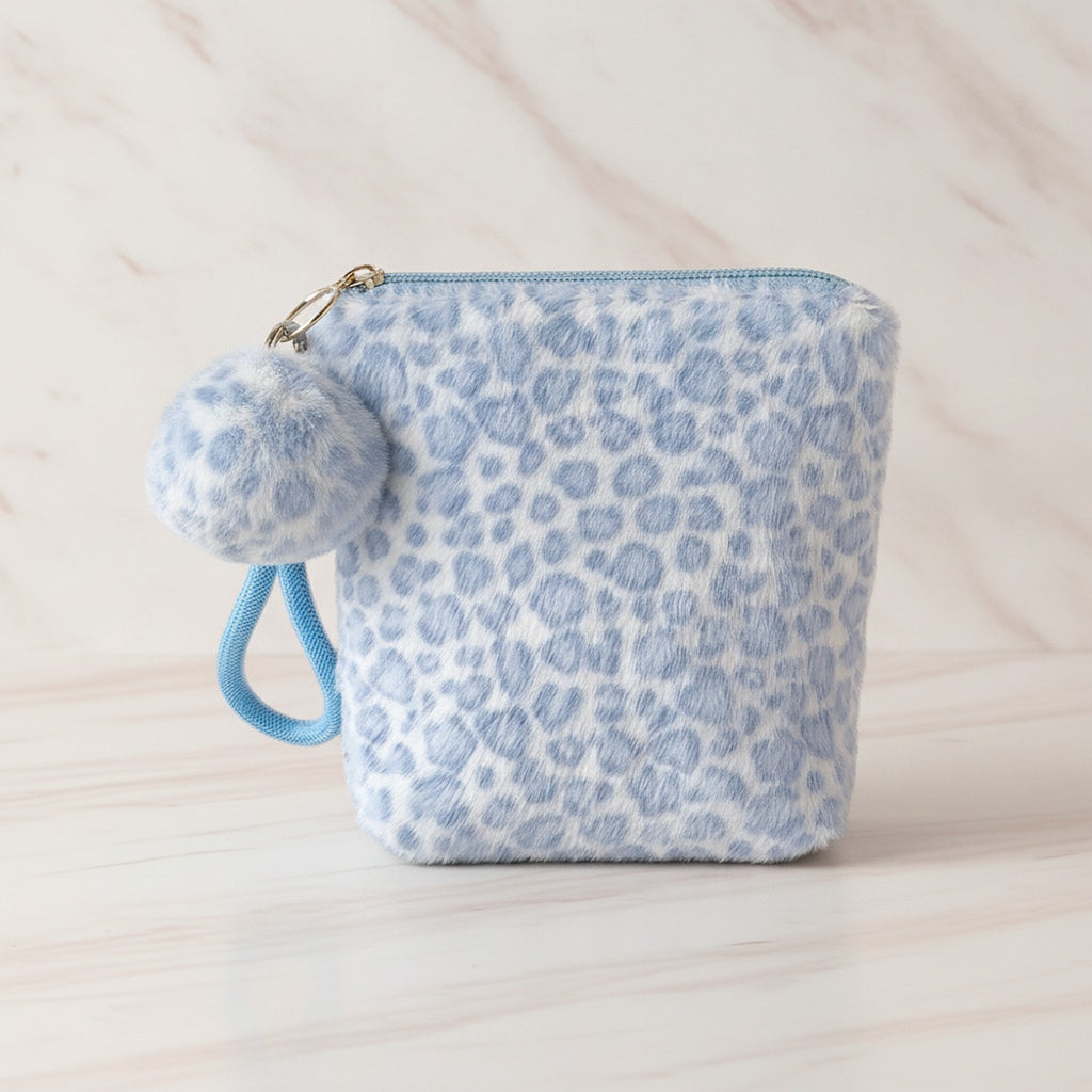 Fuzzy Leopard Zip Pouch - Blue