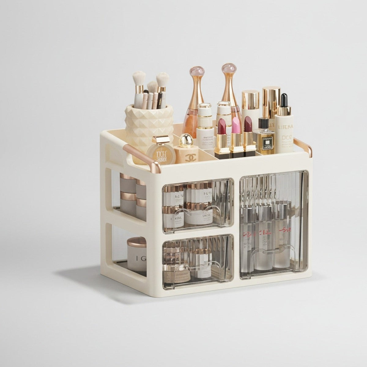 Cream Rotating Cosmetic Organizer with Glass Doors – bags & wallets (view 1)