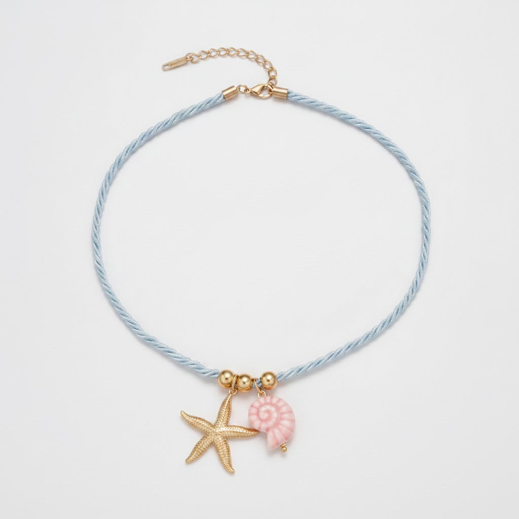 Starfish & Shell Charm Rope Necklace - Light Blue