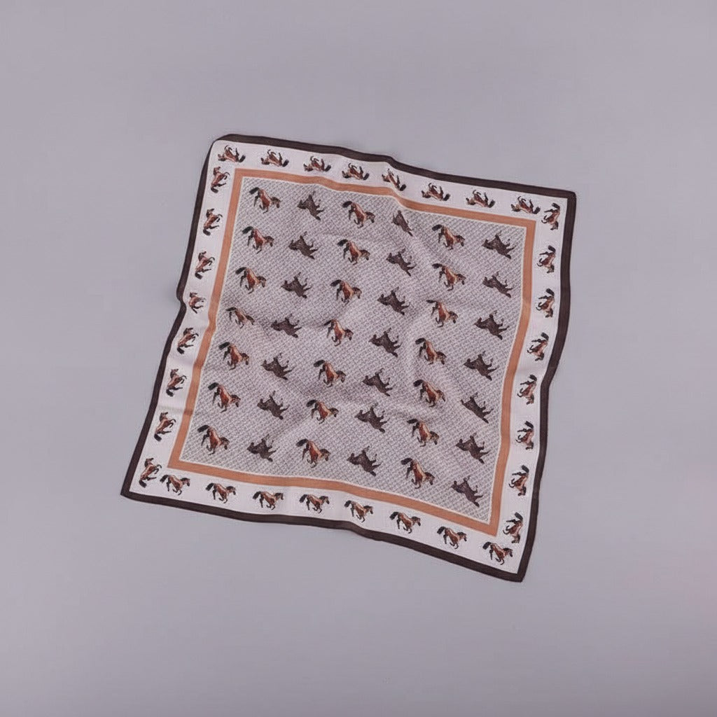 Equestrian Print Square Scarf - Cream & Brown