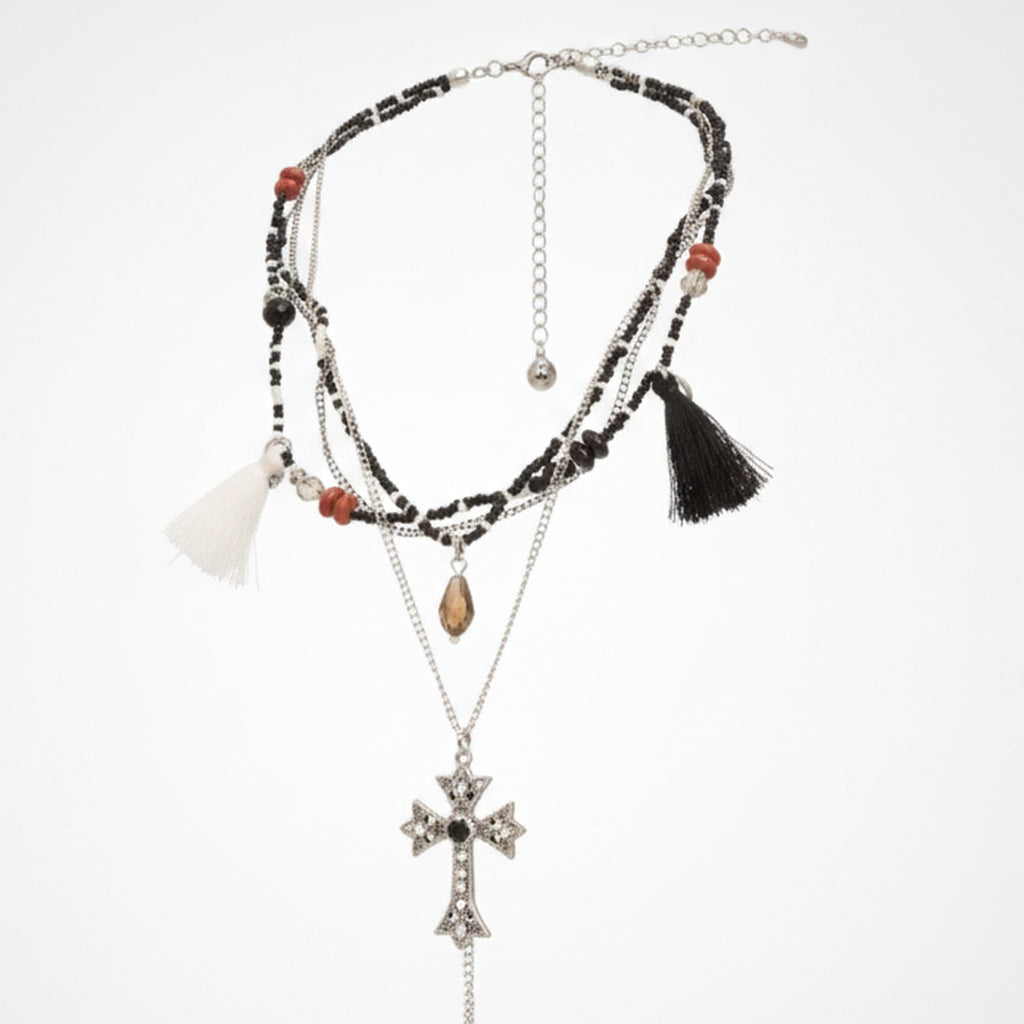 Cross Tassel Layered Necklace - Silver & Black