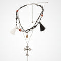Cross Tassel Layered Necklace - Silver & Black