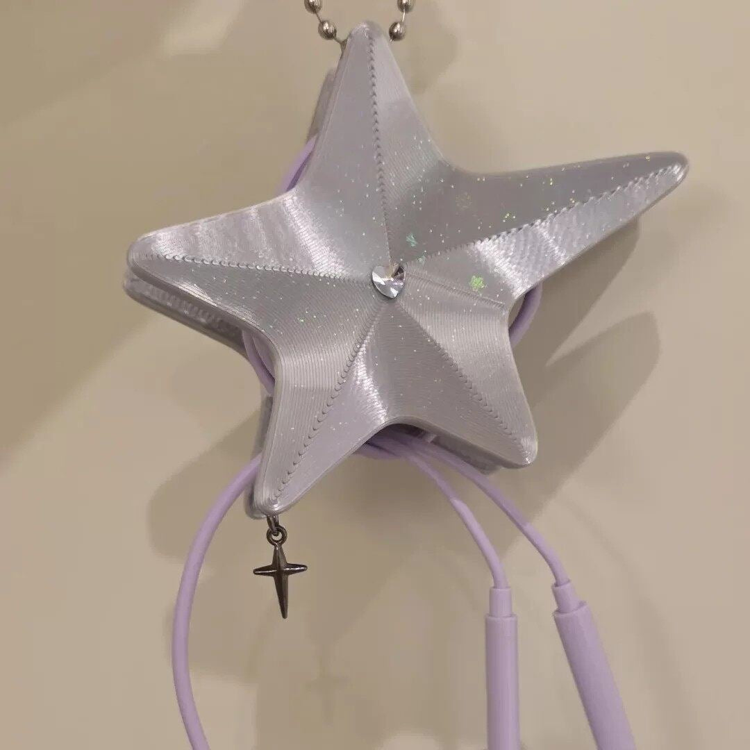 Silver Star Earphone Holder 3D Printed Keychain Charm - Type 1