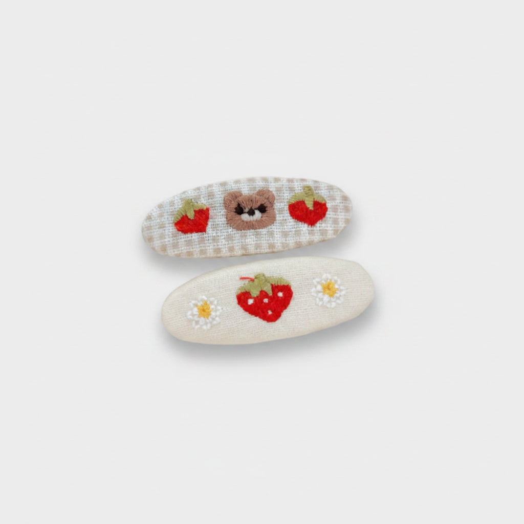 Embroidered Oval Hair Clip Duo Cream Berry