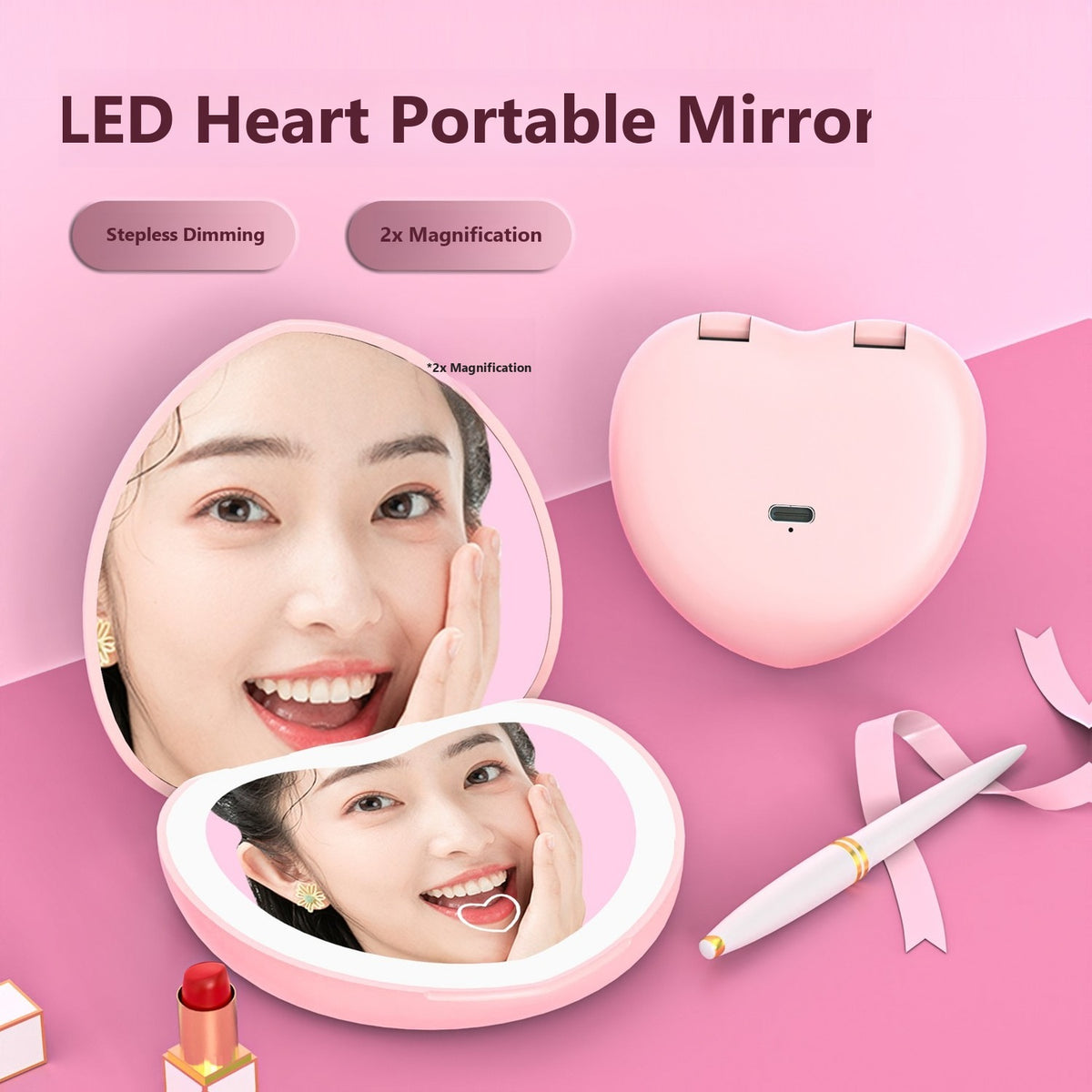 Rechargeable Heart-Shaped Pocket Mirror (Double-Sided) - Purple