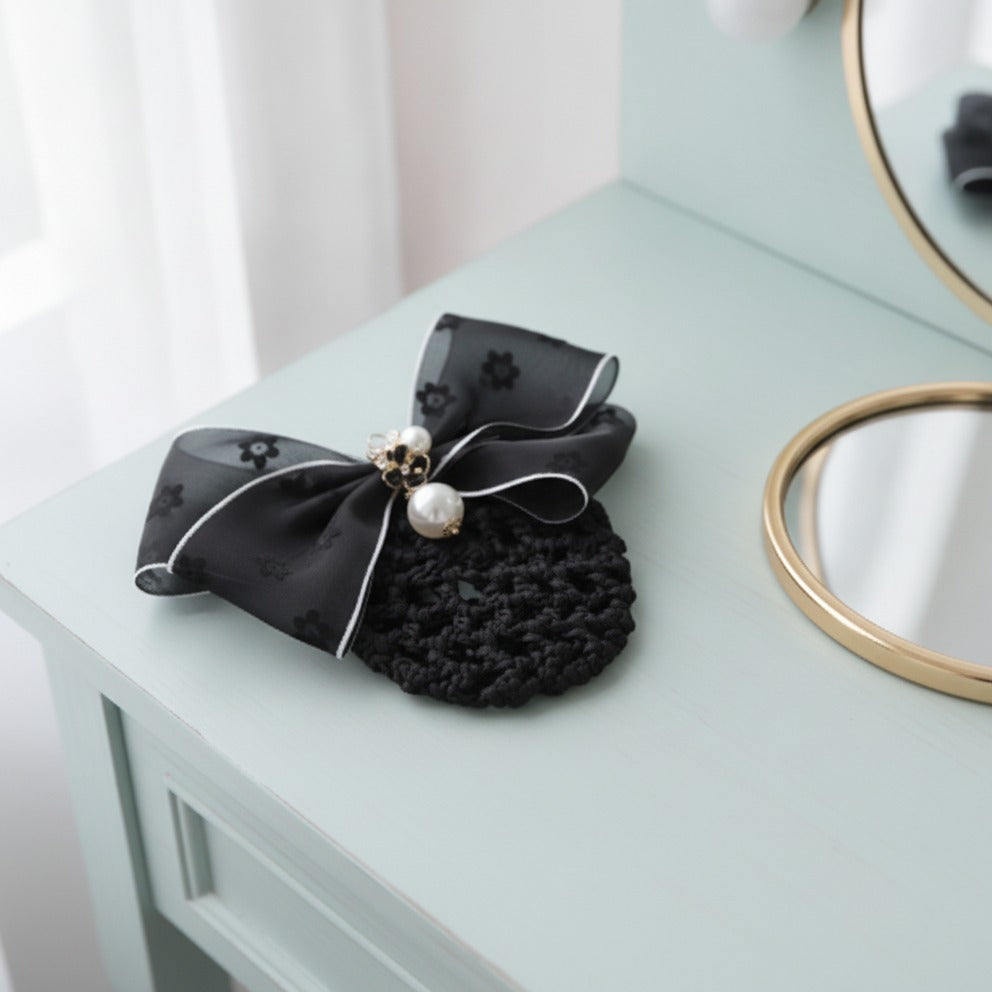 Floral Mesh Bow Hair Claw - Black Floral