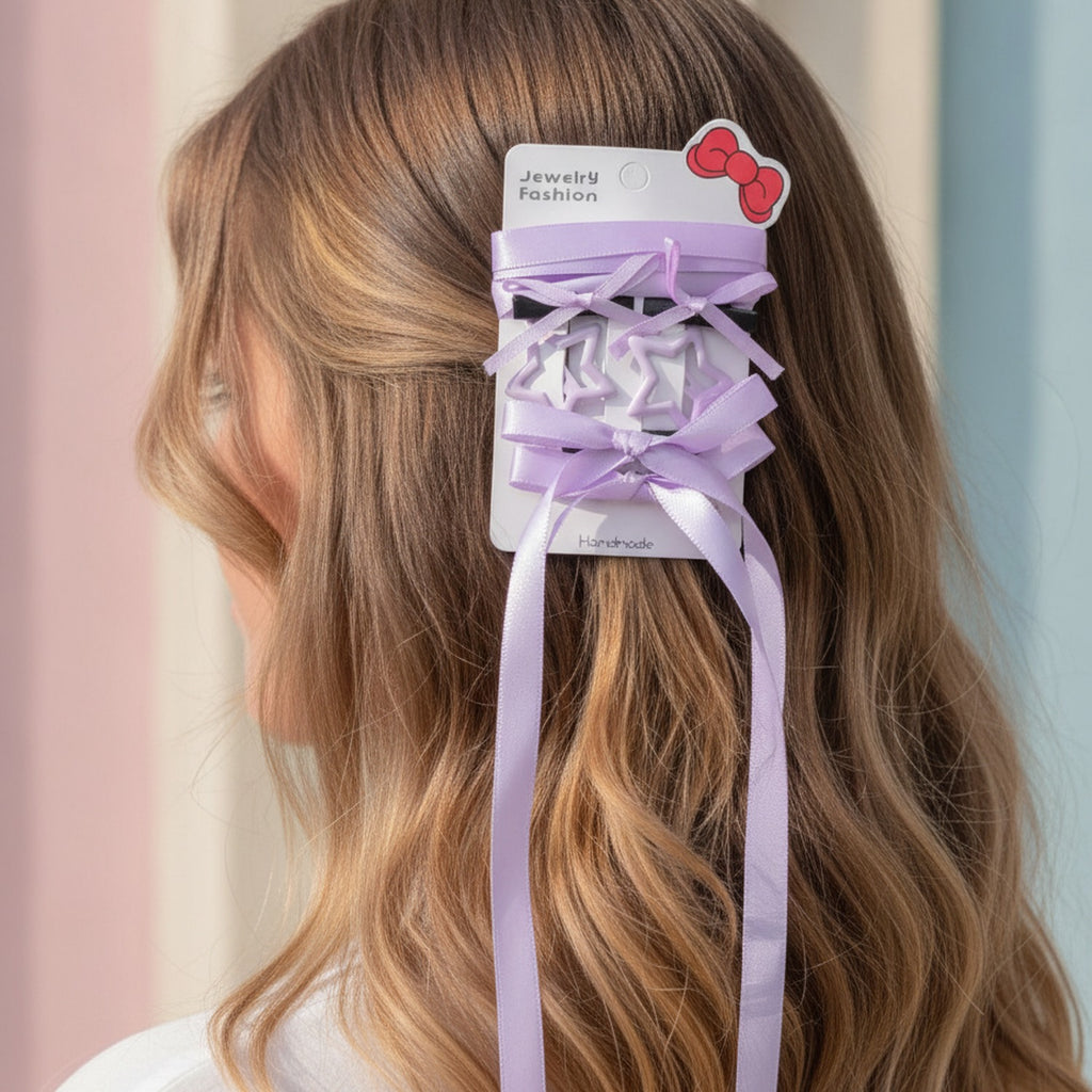 Star Bow Hair Clip Set Purple
