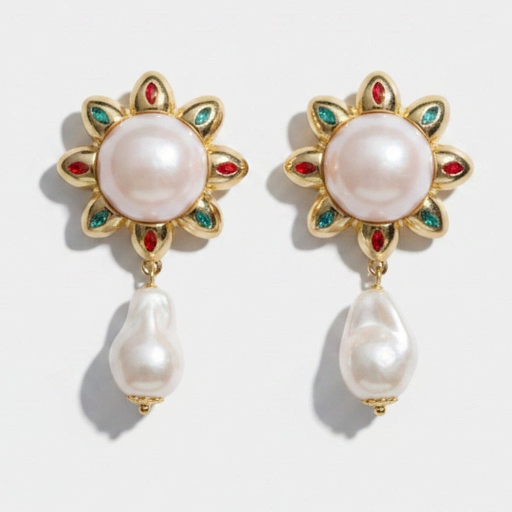 Pearl Drop Flower Statement Earrings Pearl & Gold