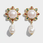 Pearl Drop Flower Statement Earrings Pearl & Gold