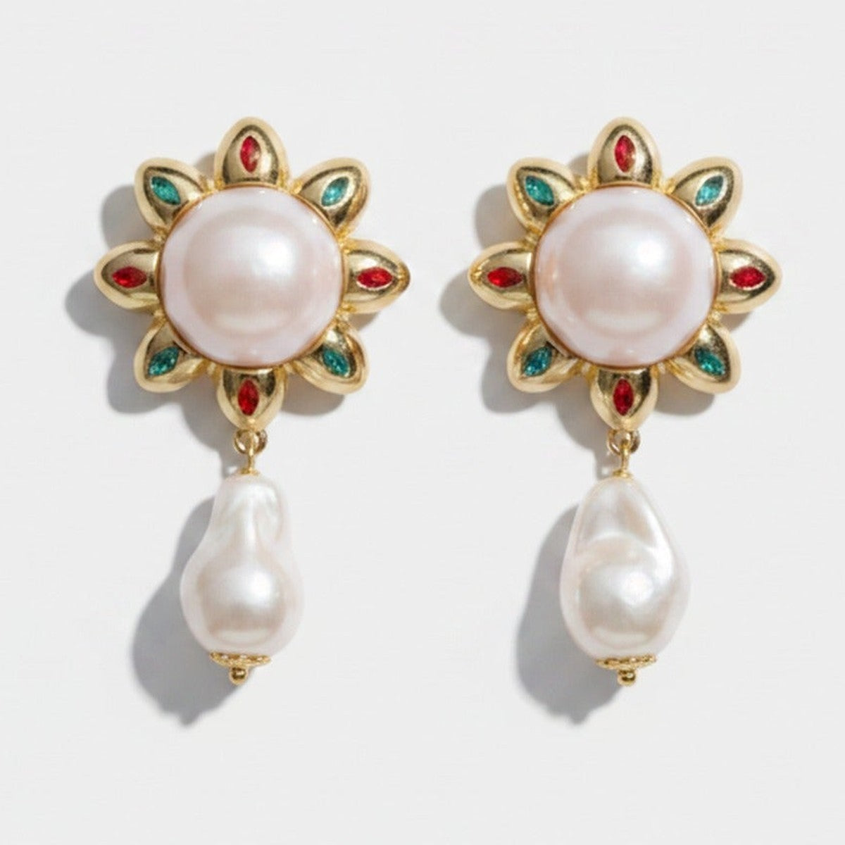 Pearl Drop Flower Statement Earrings Pearl & Gold