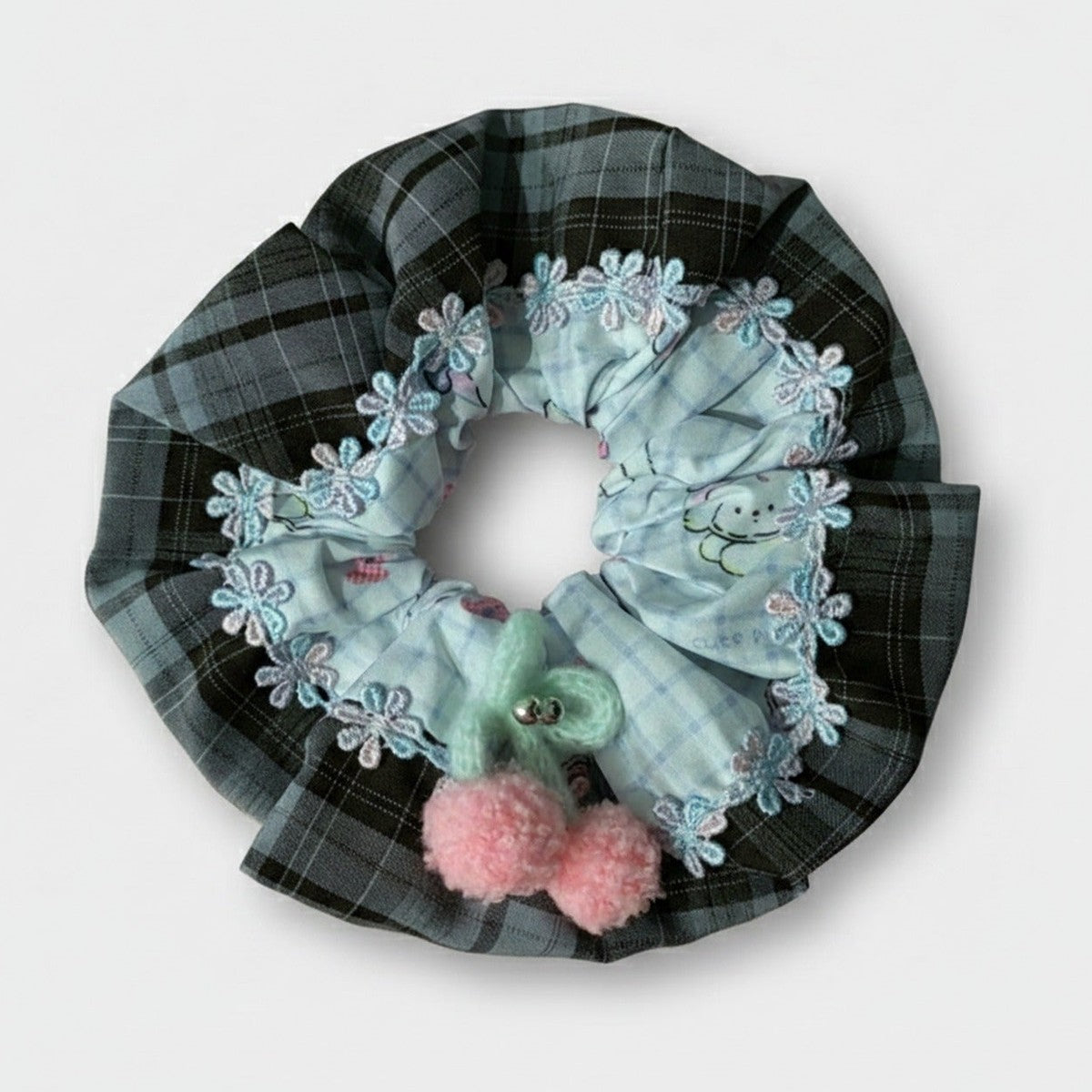 Plaid Scrunchie With Lace Floral Pom Detail – hair accessories