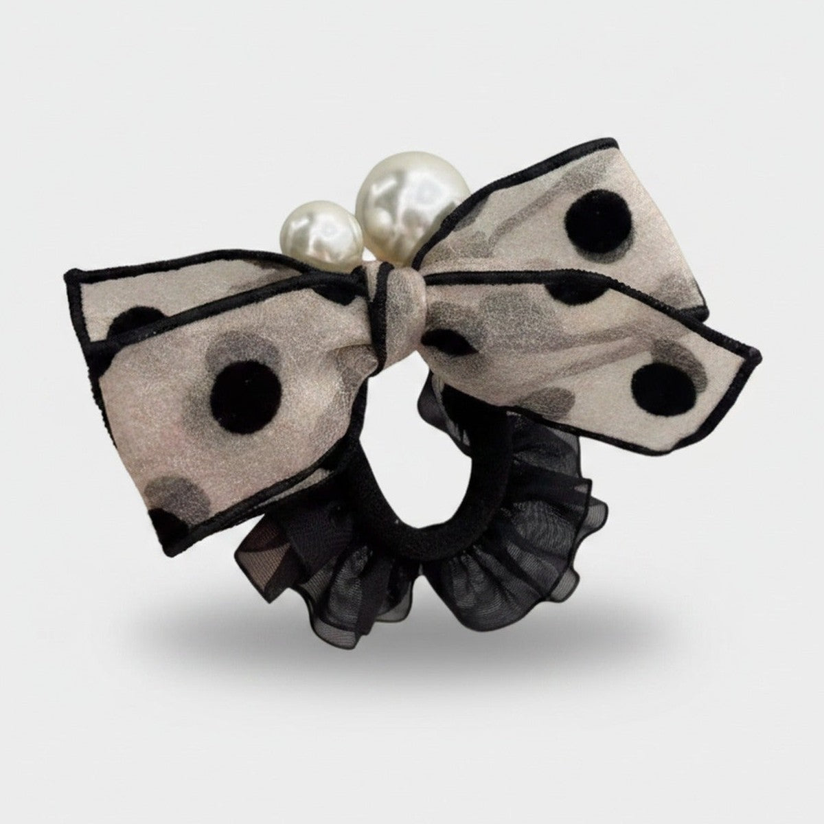 Pearl Polka Dot Bow Hair Scrunchie – hair accessories