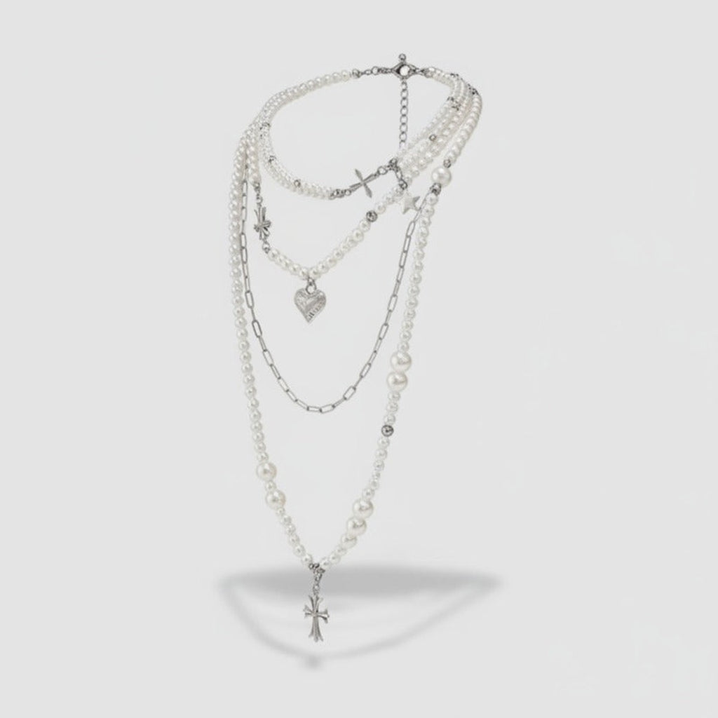 Layered Pearl Cross & Heart Necklace - Silver Pearl
