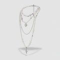Layered Pearl Cross & Heart Necklace - Silver Pearl