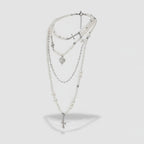 Layered Pearl Cross & Heart Necklace - Silver Pearl