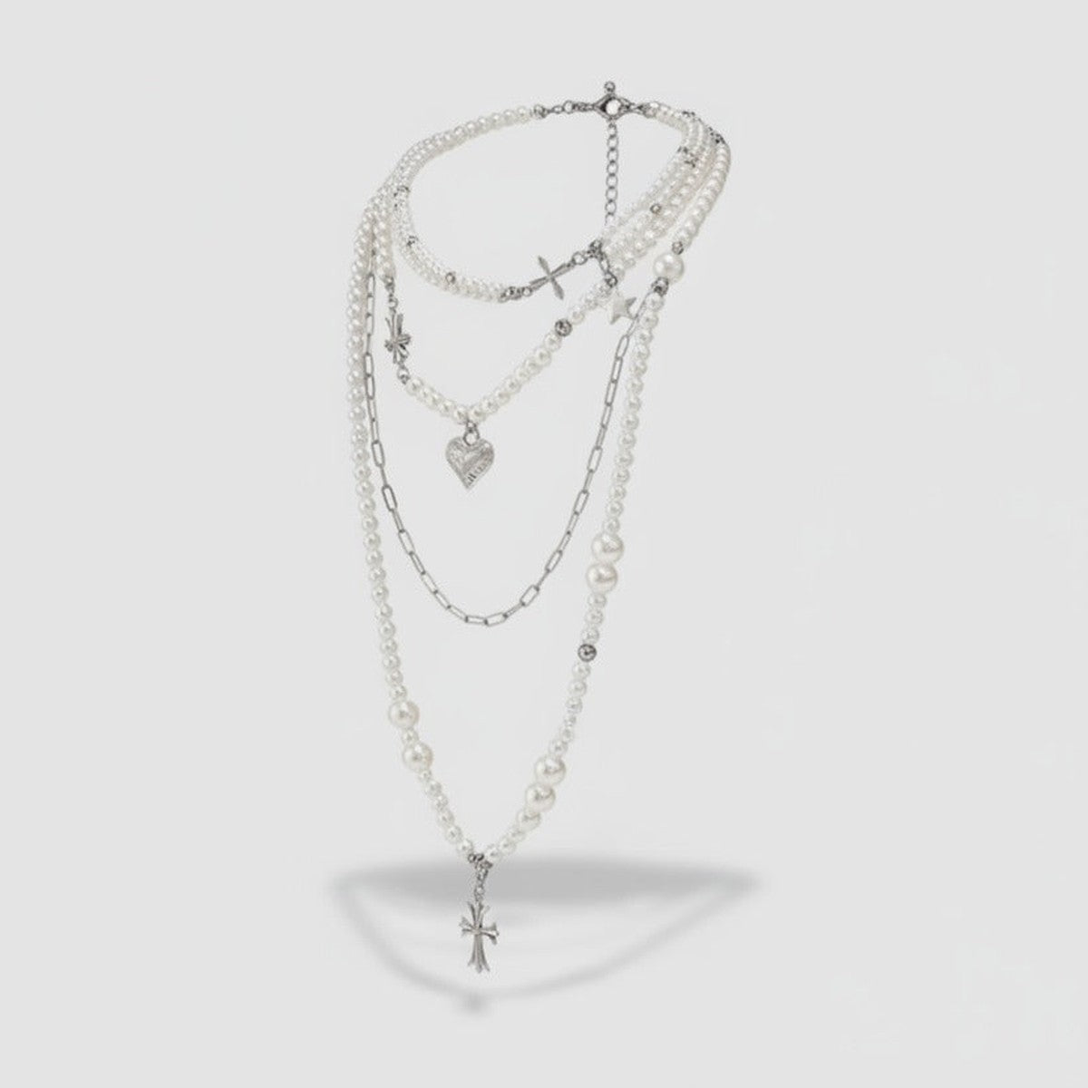 Layered Pearl Cross & Heart Necklace - Silver Pearl