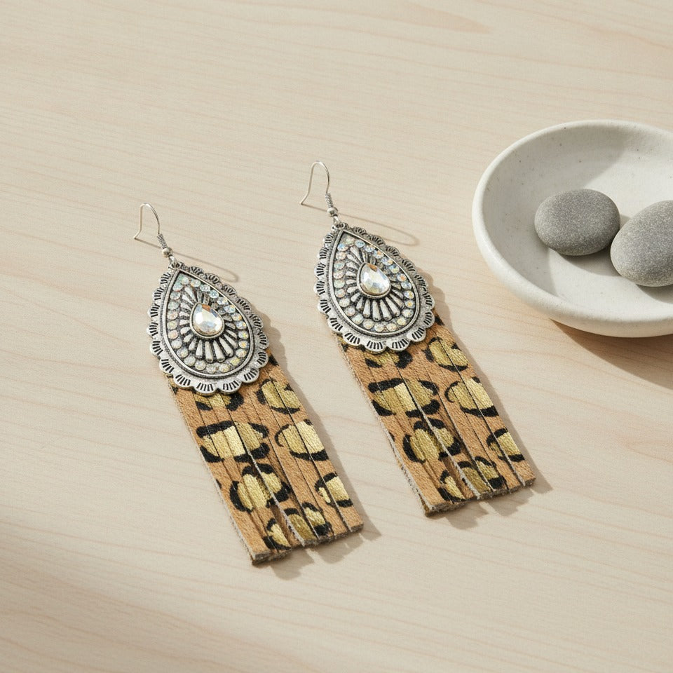 Ornate Tassel Dangle Earrings - Leopard Print