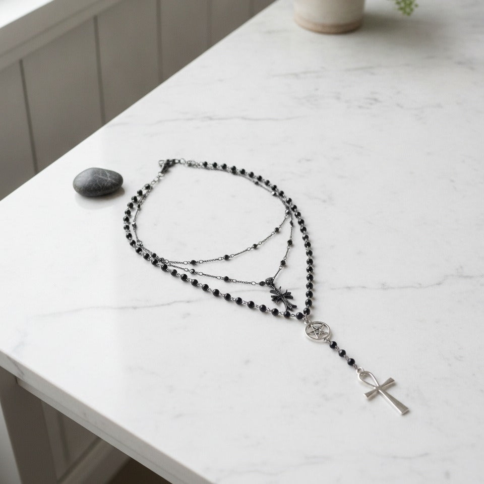 Layered Cross & Beaded Charm Necklace - Silver & Black