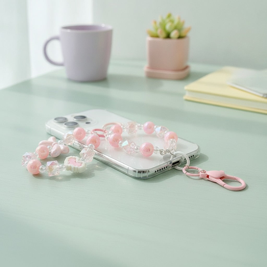 Iridescent Beaded Charm Keychain - Pink
