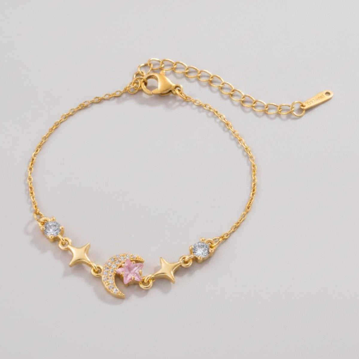 Moon Star Charm Bracelet With Rhinestones - Pink Diamond Star Moon Bracelet Gold #E2951 – jewelry (view 1)