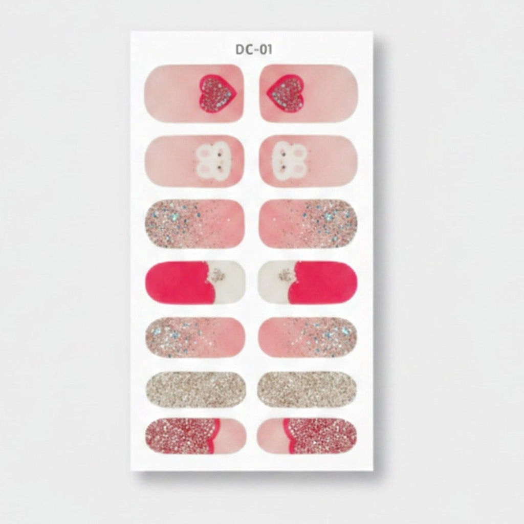 Glitter Nail Wraps With Rhinestone Heart Design – Korean nail care (view 1)