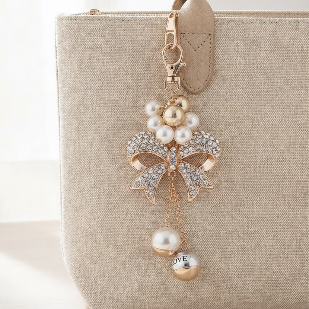 Sparkle Bow Charm Keychain - Champagne