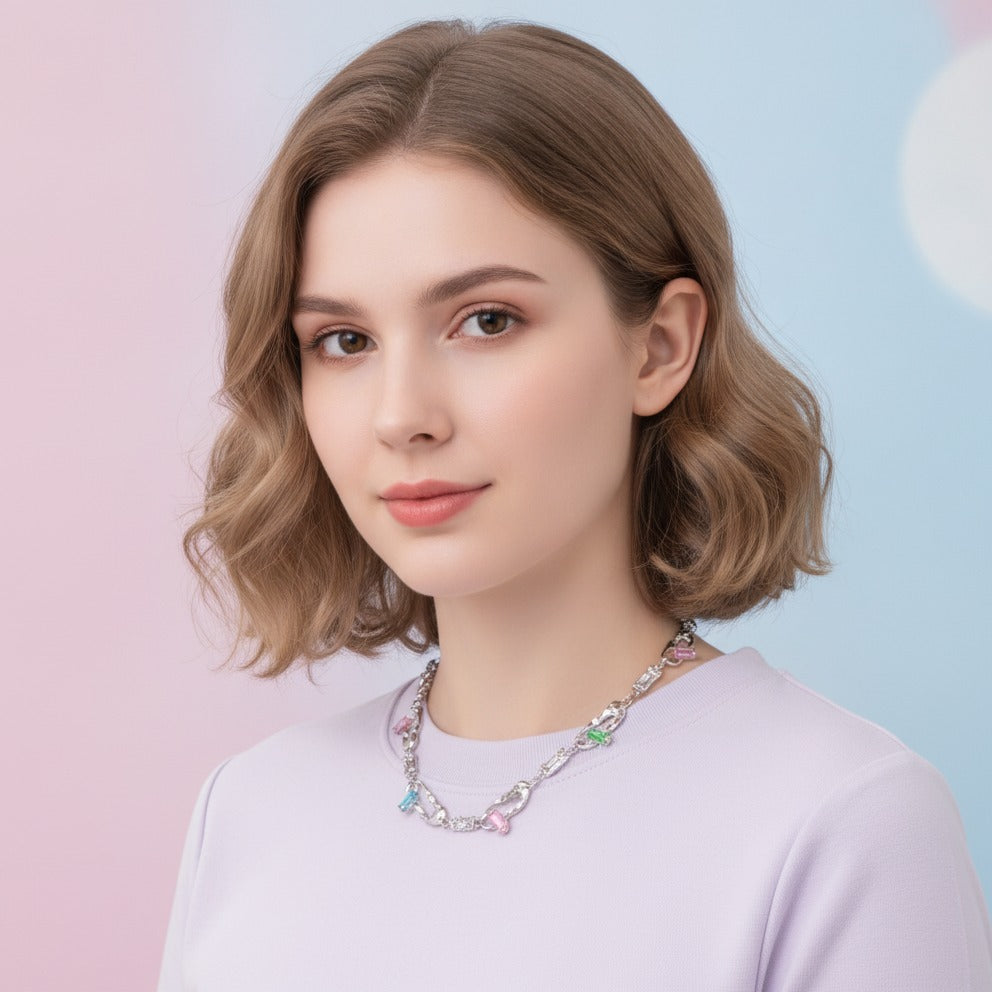 Colorful Safety Pin Chain Necklace - Multicolor