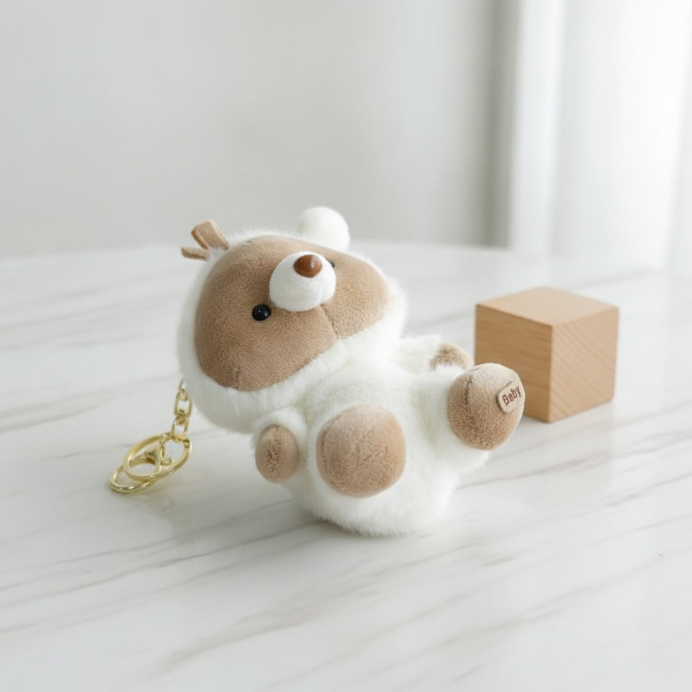 Cozy Bear Plush Keychain - Cream & White