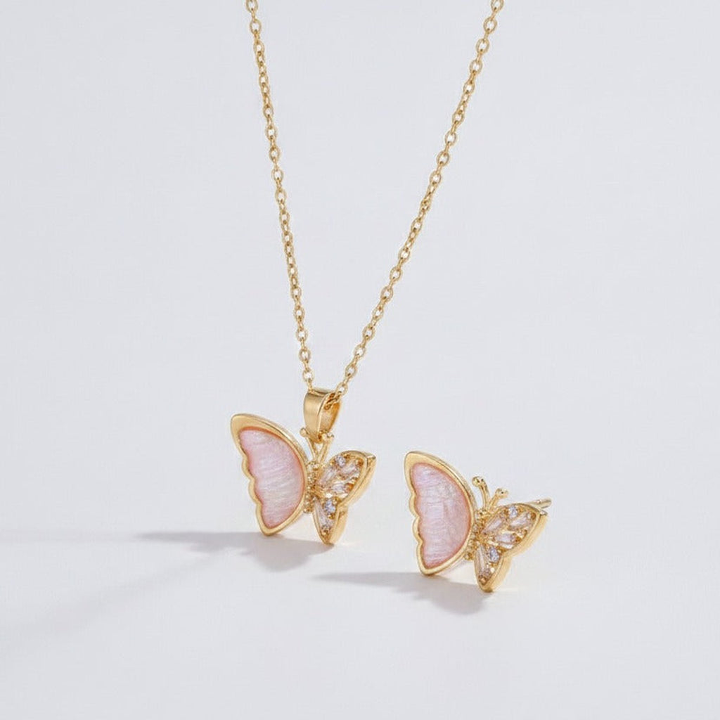 Butterfly Shell Necklace & Earring Set - Gold