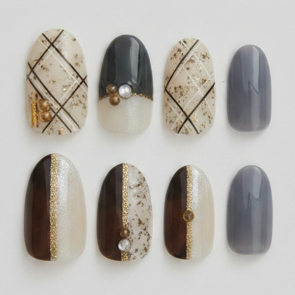 Luxe Geometric Press-On Nail Set - Cream & Grey