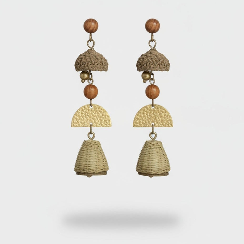 Woven Bell Charm Drop Earrings With Wooden Beads – jewelry (view 1)