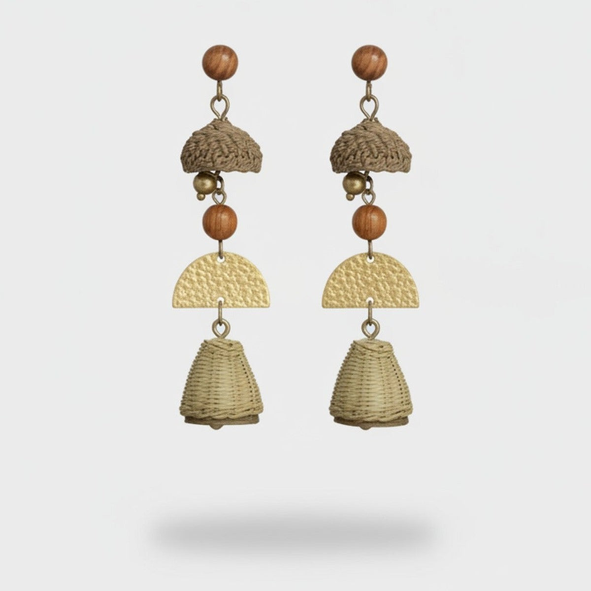 Woven Bell Charm Drop Earrings With Wooden Beads – jewelry (view 1)