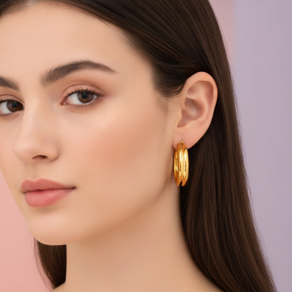 Chunky Grooved Hoop Earrings - Gold
