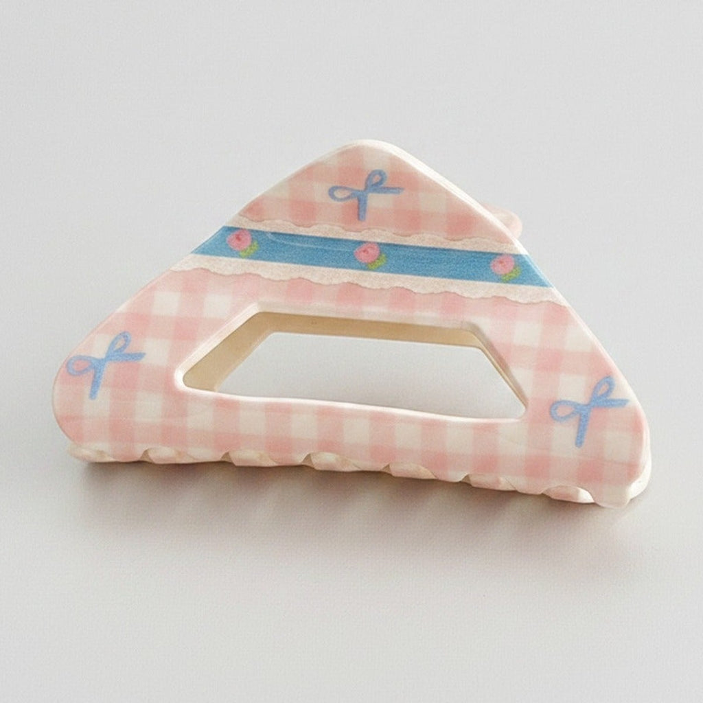 Pink Gingham Hair Claw With Blue Bow Detail – hair accessories (view 1)